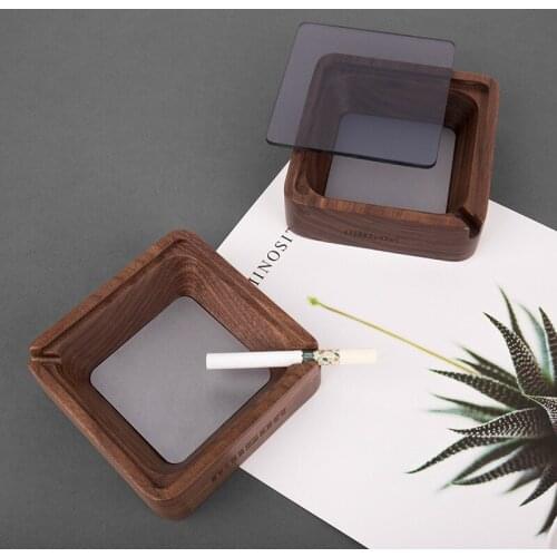 Creative with Glass Cover Ashtray Tea Table Wooden Household Goods Fashion Home Decoration Accessories