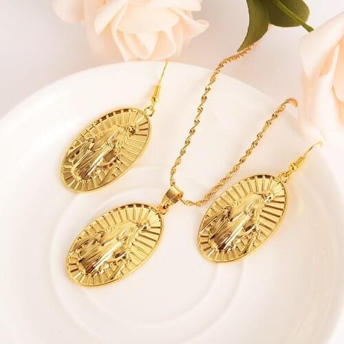 Gold Virgin Mary religions Jewelry Set Trendy Our Lady Women Men party czJewelry Cross Pendant earring Set for women girls gift
