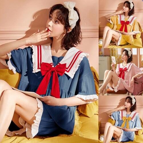New Modern Womens Pajama Cute Sets Japanese Style Navy Suit Sleepwear Girls Red Bow Yukata Short Sleeve Homegrown 2Pcs 2021