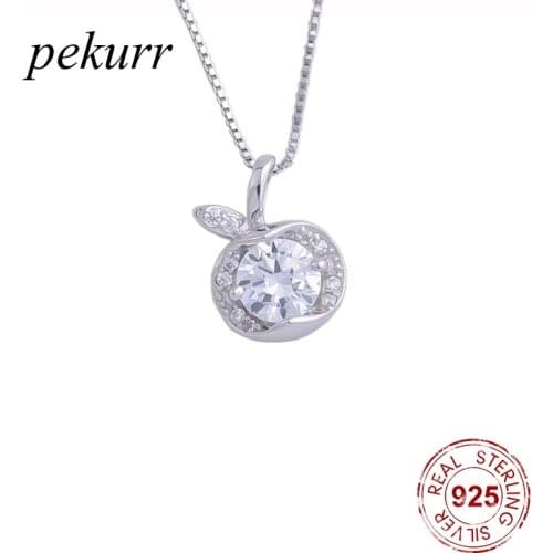Pekurr 925 Sterling Silver Mini Zircon Leaf Apple Female Pendants Exquisite Necklaces For Women Long Chain Collar Jewelry