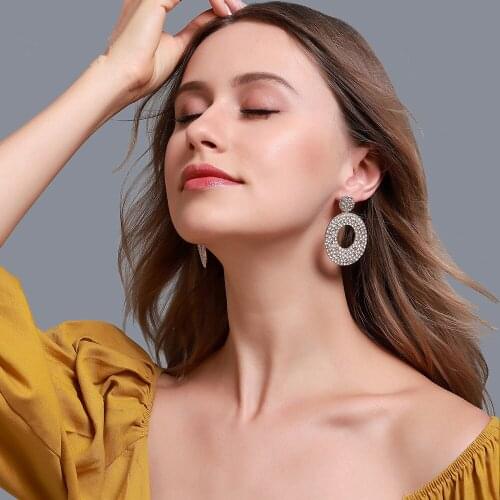 Golden Silver Plated Retro Round Hollow Full Rhinestone Alloy Simple Women Dangle Earrings & Drop Earrings