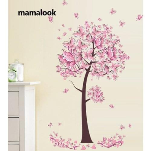 Pink butterfly Flower Tree Wall Stickers Decals Girls Women Flower Mural Vinyl Wallpaper Home Living Room Bedroom Decor