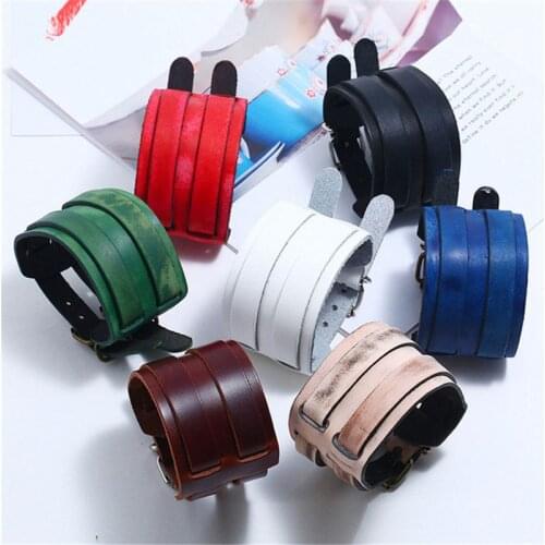 Bracelet Leather Belt Mens Punk Wide Genuine Wristband Adjustable Bangle Cuff