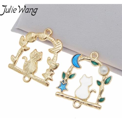 Julie Wang 2/4/6/8PCS Enamel Cat Connector Gold Tone Star Moon Branch Charm Necklace Pendant Findings Jewelry Making Accessory