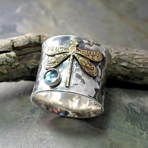Vintage Dragonfly Ring Lake Blue Crystal Silver Color Rings Animals Womens Mens Anniversary Unique Birthday Gift Accessories