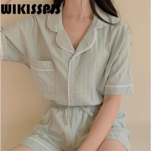 WIKISSPJS 2021 Summer New Mint Green Short Sleeve Shorts Lace Home Wear Sleepwear Women Set Lounge Wear Pajamas for Teen Girls