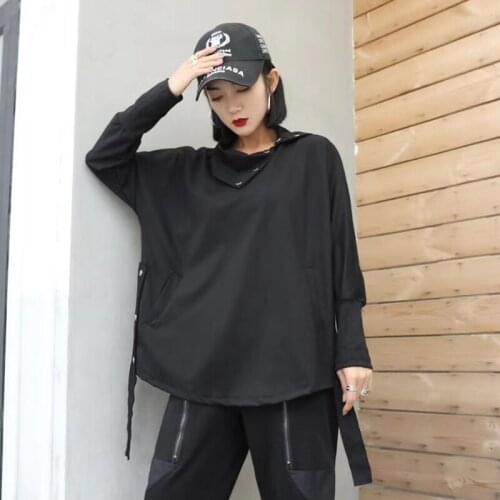 Drawstring Sweatshirt Fashion Women Black 2020 Autumn Pleated Full Sleeve personality Casual Style Loose Sweatshirt