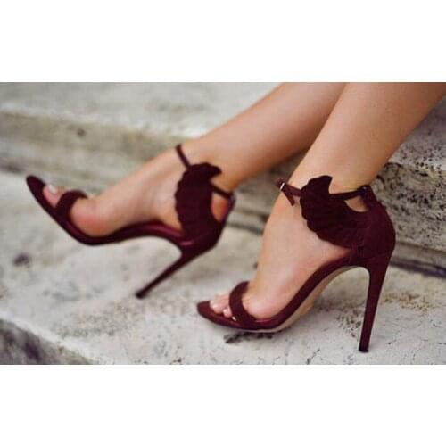 Ladies Double Wing Ankle Straps Sandals Woman Summer One Strap Peep Toe Sexy Thin High Heels Wine Red Faux Suede Sandalias