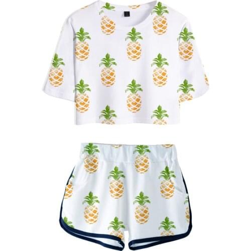 3D Full print pineapple Womens Sets Harajuku New Fashion Pretty Girls Fruits Exposed Navel Two-Piece Suits + Short Pants Sets