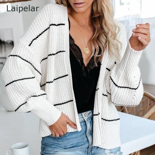 Womens Sweater Casual Striped Loose Short Knit Cardigan 2020 Autumn Womens Casual Knitted Cardigan Top