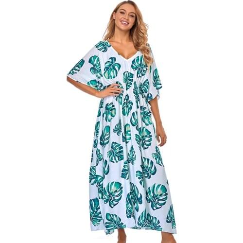 Casual Leaves Printed V-neck Short Sleeve High Waist Side Split Loose Summer Dress Long Tunic Women Streetwear Maxi Dress N1204