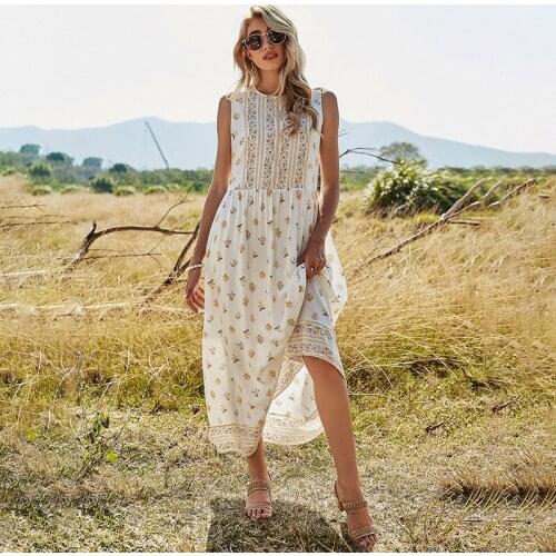 Sleeveless Summer Women Dress Floral Print O-Neck Boho Long Dresses Hippie Chic Casual Beach Maxi Dress Vestidos 2021 DS125