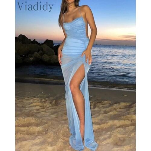 Women Sexy Sheer Mesh Shirring Side Slit Maxi Dress