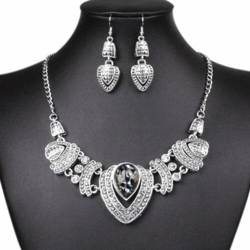 Women\s Vintage Shiny Rhinestone Collar Necklace Earrings Ethnic Jewelry Set
