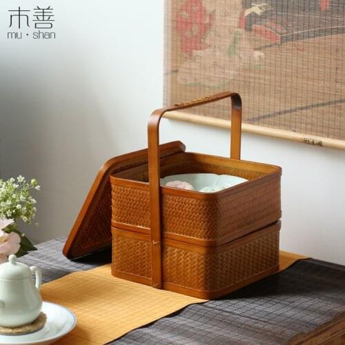 Bamboo Woven Storage Basket Food Container Picnic Sacrifice Basket Dish Snack Bowl Moon Cake Gift Box Chinese Portable Box