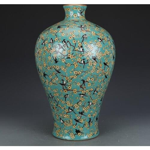 Free ship Qing Dynasty Qianlong Hand-painted Greenl Famille Rose Magpie Plum Vase Antique Porcelain Vase Jingdezhen Porcelain