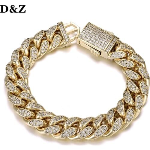 D&Z 14mm Miami Cuban Link Bracelet Spring Buckle Bling Iced Out Cubic Zirconia Bracelet With Solid Back For Men Jewelry