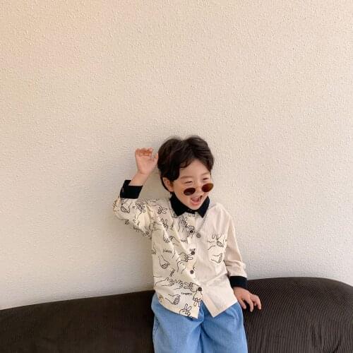 Childrens Autumn Shirt 2021 New Stone Scissors Cloth Print Patchwork Color Long Sleeve Shirt Boys and Girls Casual Korean Top