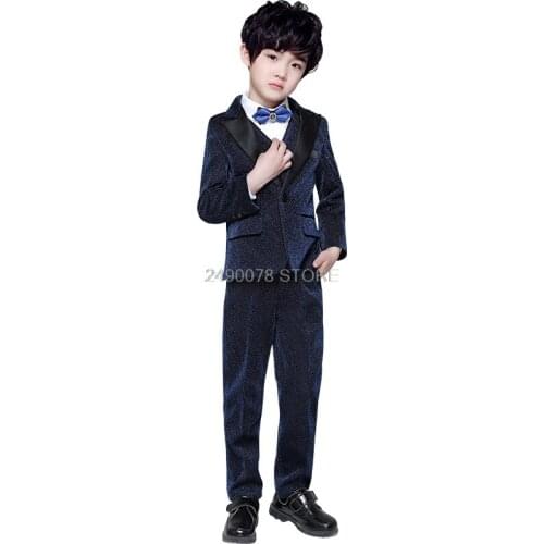 Boys Luxurious Chorus Suit Kids Shining Jacket Pants Free Bowtie 007 Dress Children Piano Show Performance Party Costume
