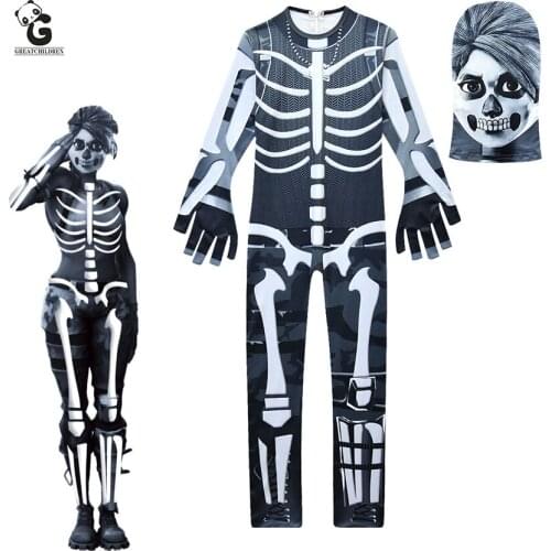 Skull Trooper Costumes For Kids Cosplay Anime Girls Game Skin Cosplay Child Halloween Skull Costumes Kids Jumpsuits Mask