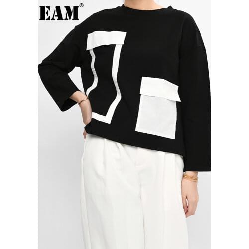 [EAM] Women Black Pocket Contrast Color Big Size T-shirt New Round Neck Long Sleeve Fashion Tide Spring Autumn 2021 1Z20101