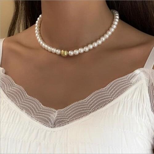 Elegant White Imitation Pearl Necklace Metal Beads Big Round Stringed Pearls Wedding Necklace For Women Charm Fashion Jewelry