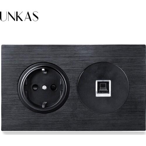 UNKAS 16A French Standard Port + Female RJ45 Internet Computer Jack Wall Socket 146MM*86MM Black Aluminum Panel Outlet