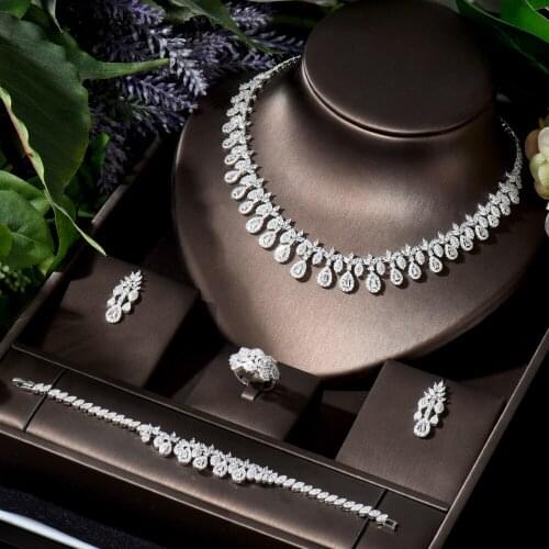 HIBRIDE Luxury Women Jewelry Water Drop Bridal CZ Necklace Earrings Bracelet Ring 4pcs Big Wedding Jewelry Sets for Bride N-692