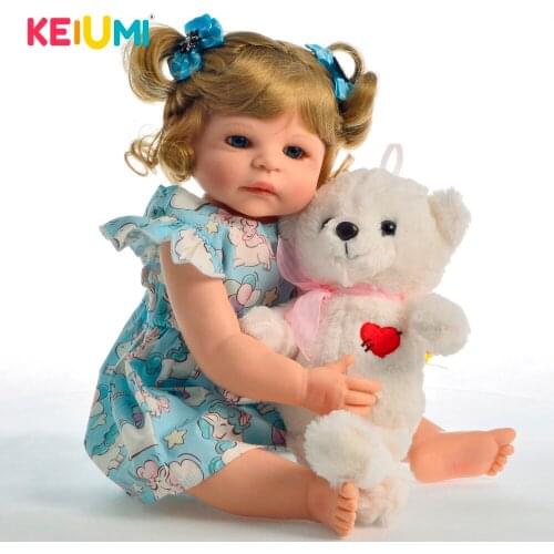 KEIUMI Baby Reborn Silicone Full Body Cute Dolls With Gold Curls 22 Inch Baby Reborn Girl Doll Handmade Toddler Toys For Kids