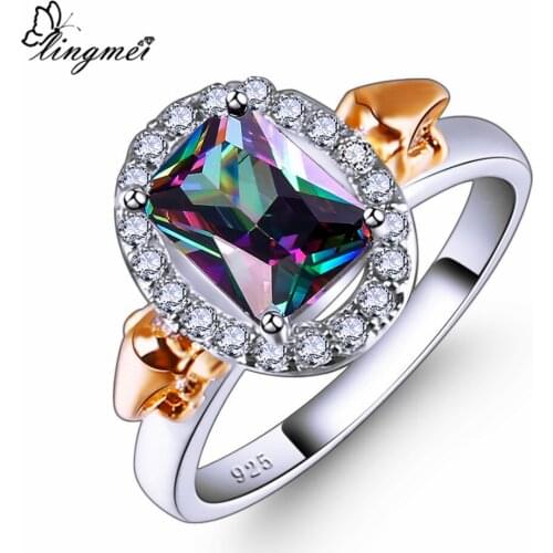 Lingmei New Fashion Elegant Design Rectangle MultiBlue White CZ Silver Color Ring Size 6-9 Wedding Women Jewelry