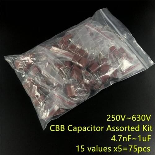 CBB Capacitor Assorted Kit,Sample bag,15ValuesX5PCS=75PCS,250V 400V 630V, 472 to 105 ,No Polarity AC Capacitor