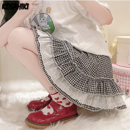 KOSAHIKI Lace Patch Skirt Summer Korean Sweet Girl Chic High Waist Casual Elastic Waist Mini Skirt Ulzzang Harajuku Skirts