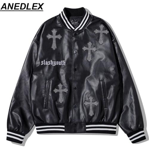 Harajuku Men Women Streetwear Baseball Jackets Diamonds Cross Bomber Coats Autumn Fashion Hip Hop Casual Leather Sleeve Tops