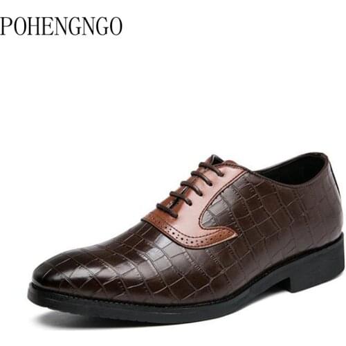 Plus Size 38-48 Mens Crocodile Dress Leather Shoes Lace-Up Wedding Party Shoes Mens Business Oxfords Flats Men Brogue Shoes