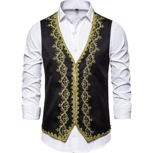 Mens Gold Embroidery Court Prince Suit Vest Slim Fit Sleeveless Waistcoat Men Party Stage Prom Vests Male Chalecos Para Hombre