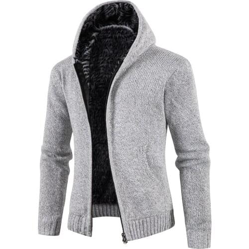 2021 Mens Winter Fleece-Lined Thickened Zipper Knitted Cardigan Sweater Youth Hooded Trendy Loose Sweater
