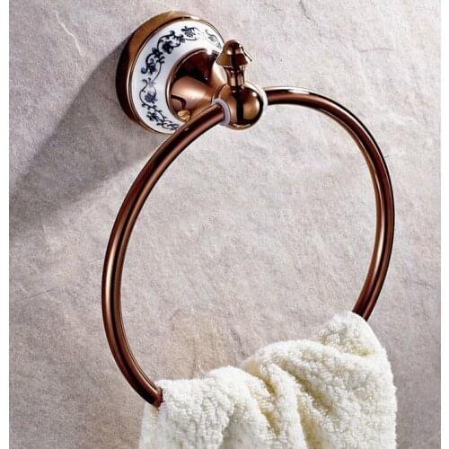 Rose Gold Color Brass Ceramic Base Wall Mount Bathroom Hardware Accessories Round Towel Ring Hanger Holder Dba386
