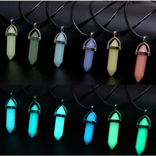 Luminous Stone Necklace Hexagonal Column Pendant Necklace Men Women Natural Chalcedony Bullet Choker Glow in Dark Jewelry Gift