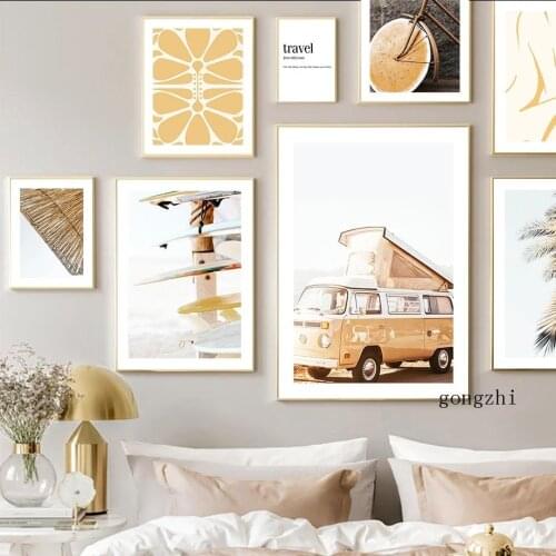Palm Tree Flower Surfboard Bus Vintage Bicycle Nordic Posters Canvas Painting and Prints Wall Art Pictures for Living Room Decor