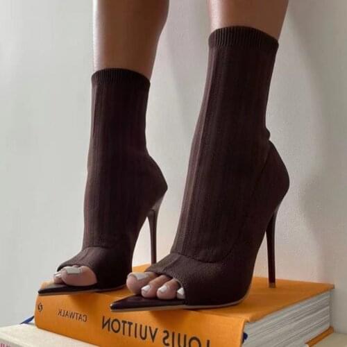 Sexy Pointy Peep Toe Stretch Short Booty Solid Knitting Upper Slip on High Heel Ankle Boots 2021 Autumn New Fashion Big Size 43