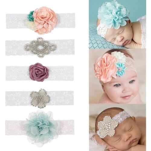 Nishine New Newborn Rhinestone Flower Headband Soft Lace Headbands Kids Handmade Hair Accessories Christmas Gift
