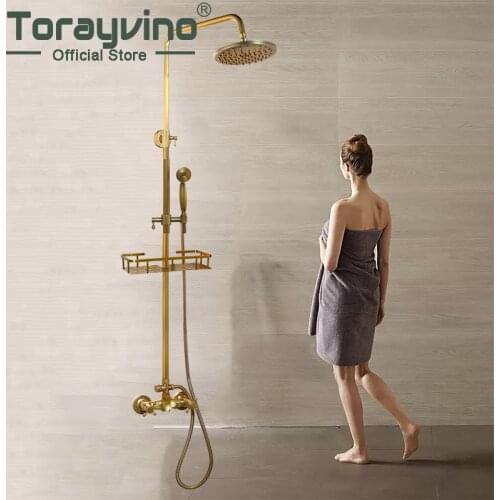 Torayvino Antique Brass Shower Faucets Set 8'' Rainfall Shower Head Commodity Shelf Handle Mixer Tap Swivel Spout Bath Shower