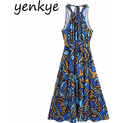 YENKYE Summer Dress 2021 Women Vintage Print Halter Dress Female Sleeveless Sashes A-line Casual Long Dress Holiday Vestido