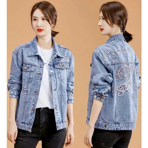 Denim Jacket Women 2021 Spring And Autumn New Embroidered Letter Outwear Loose Fat MM Large Size Coat Short Female Clothing L199