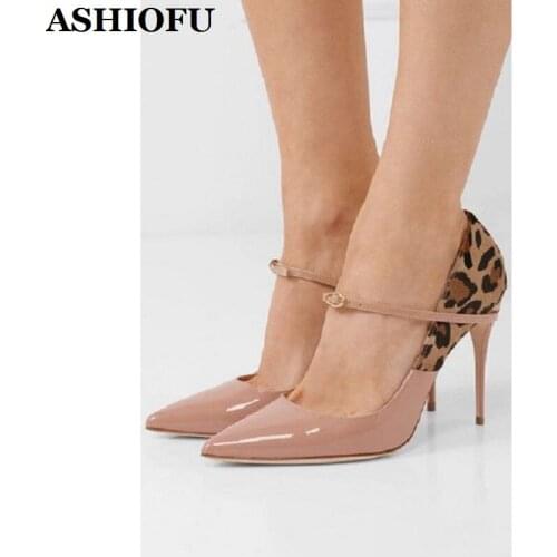 ASHIOFU New Hot Handmade Ladies High Heels Pumps Mary Janes Patchwork Leather Party Prom Shoes Pointed-toe Evening Fashion Shoes