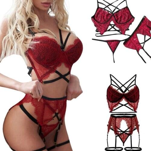 Women’s Lingerie Three Piece Set Sexy Mesh Gauze Crochet Bandage Erotic Lingerie Bra and Panty