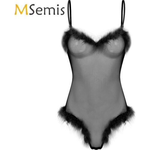 Womens Lingerie See-through Mesh Bodysuit Feather Trimming Bodysuit Adjustable Spaghetti Strap Jumpsuits Sexy Party Costume