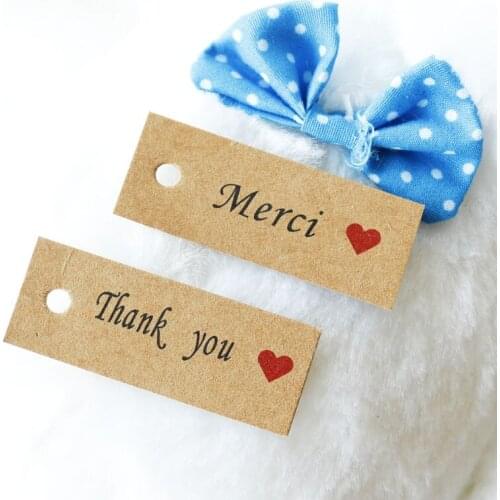 100pcs Kraft Print Paper Handmade Merci Tag with Love for DIY Gift Box Tag Candy Dragee Cupcake Handmade Favors Name Brand Tag