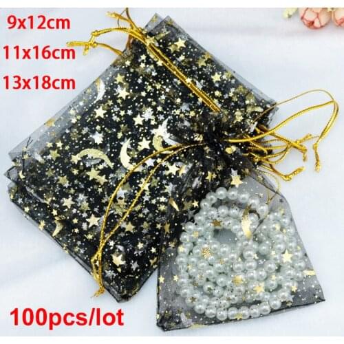100pcs/Lot 9x12 11x16 13x18cm Moon Star Organza Bag Jewelry Packaging Pouch Cosmetic Gift Bags Storage