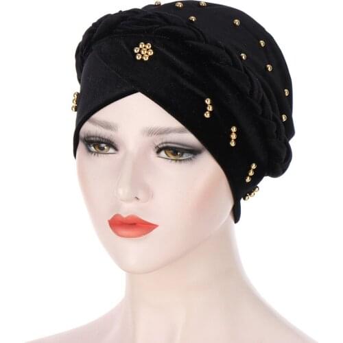 25*16cm African Velvet Turbans Caps For Women Knot Twist With Beads Bonnet Plain Hijab 2021 Fashion New Velvet African Head Wrap